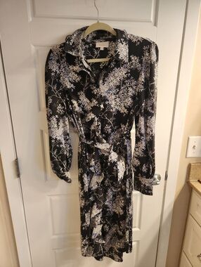 Cinq a Sept Black Floral Tie-Waist Lomg Sleeve Dress Size 6